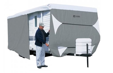 What is the height of the Classic Accessories 80-355-203101-RT Overdrive PolyPro 3 Deluxe Travel Trailer Cover?