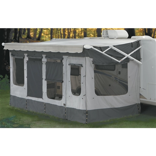 Would any room fit a smaller awning (9’6”) the trailer is a keystone 177LHS? The awning has a “kneeling” feature.