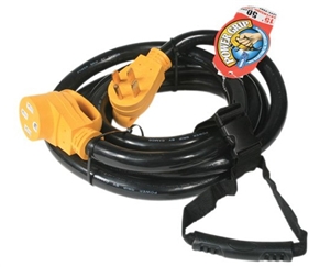 What is the composition of the Camco 55195 50 Amp PowerGrip cord covering?